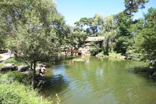 Foto, materieel, vrij, landschap, schilderstuk, bevoorraden foto,Een summering berg cottage, Brug, Blauwe lucht, Tuin, Ch'ing