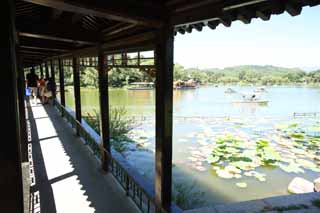 Foto, materieel, vrij, landschap, schilderstuk, bevoorraden foto,Summering berg cottage Fang Zhou Pavilion, Brug, Bekapten passage koppelende gebouwen, Boot, Ch'ing