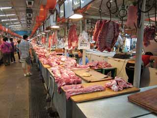 Foto, materieel, vrij, landschap, schilderstuk, bevoorraden foto,Een oostelijke boord markt, Winkel, Markt, Slager winkel, Varkensvlees