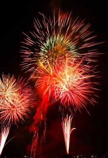 Foto, materiell, befreit, Landschaft, Bild, hat Foto auf Lager,Tama-Fluss Feuerwerk Demonstration, Das Starten von Feuerwerk, natrliche Szene oder Gegenstand, der poetischen Charme der Jahreszeit des Sommers hinzufgt, Signalfeuer, Helligkeit