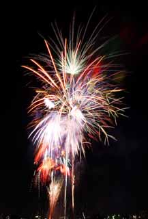 Foto, materiell, befreit, Landschaft, Bild, hat Foto auf Lager,Tama-Fluss Feuerwerk Demonstration, Das Starten von Feuerwerk, natrliche Szene oder Gegenstand, der poetischen Charme der Jahreszeit des Sommers hinzufgt, Signalfeuer, Helligkeit