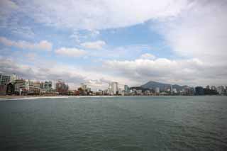 photo, la matire, libre, amnage, dcrivez, photo de la rserve,Pusan Guangan village, ciel bleu, plage sablonneuse, construire, La mer