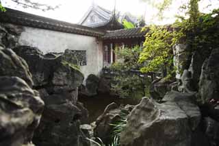 photo,material,free,landscape,picture,stock photo,Creative Commons,A YuGarden garden, Joss house garden, , deformed limestone, pond