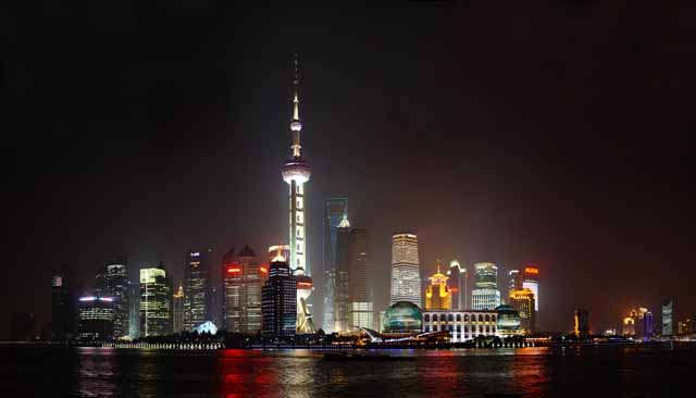 Foto, materieel, vrij, landschap, schilderstuk, bevoorraden foto,Een avond uitzicht van Sjanghai, Horloge naar het oosten maken bal trein aan; Een toren, Rivier, Neon, Ik maak het boven aan