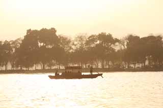 Foto, materiell, befreit, Landschaft, Bild, hat Foto auf Lager,Xi-hu-See, Bei Dunkelheit, Wiederbelebungsbank, Silhouette, Schiff