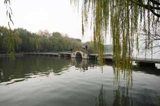 Foto, materieel, vrij, landschap, schilderstuk, bevoorraden foto,Xi-hu plas, Brug, Saiko, Wilg, 