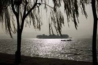 fotografia, materiale, libero il panorama, dipinga, fotografia di scorta,Xi-hu il lago, Un'isola, silhouette, superficie di un lago, nave