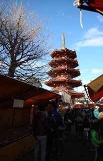 Foto, materiell, befreit, Landschaft, Bild, hat Foto auf Lager,Kawasakidaishi, Neujahr besucht zu einem schintoistischen Schrein, Verehrer, Zweig, Achteckige fnf Storeyed-Pagode