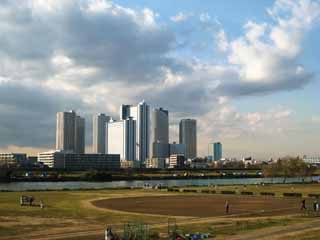 Foto, materieel, vrij, landschap, schilderstuk, bevoorraden foto,Tama Rivier, Musashikosugi, Hoogbouw, Hoog appartement, Honkbal veld