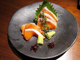 fotografia, material, livra, ajardine, imagine, proveja fotografia,O sashimi do salmo, Comida japonesa, Wasabi, salmo, A fruta do perilla