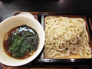 Foto, materieel, vrij, landschap, schilderstuk, bevoorraden foto,Een boekweit vermicelli in soy soep met eende vlees en ui bijgemengd kant, Jap etenswaar, Soba, Spinazie, Seaweed