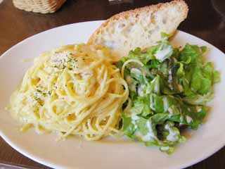 Foto, materiell, befreit, Landschaft, Bild, hat Foto auf Lager,Ein Teigwaren-Teller, Teigwaren, Carbonara, Eimer, Kopfsalat