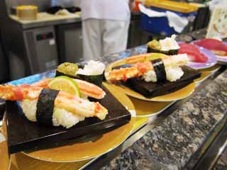 photo, la matire, libre, amnage, dcrivez, photo de la rserve,Sushi du ceinture-porteur, Crabe du roi, crabe, Sudachi citrus, Touchez le sushi