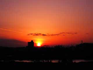 Foto, materiell, befreit, Landschaft, Bild, hat Foto auf Lager,Die Dmmerung vom Tama River, Die Sonne, rgerlichere Wolke, Die Rahmensonne, Rot