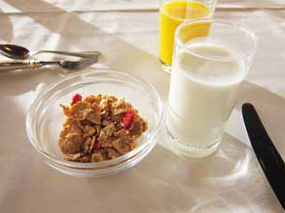 Foto, materiell, befreit, Landschaft, Bild, hat Foto auf Lager,Maisflocken, Frhstck, Granola, Milch, Orangensaft