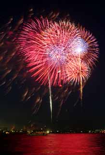 Foto, materiell, befreit, Landschaft, Bild, hat Foto auf Lager,Tokyo Bucht groartiges Feuerwerk, Feuerwerk, Nacht, Abschuss, Ein-Fufeuerwerkball