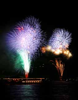 Foto, materieel, vrij, landschap, schilderstuk, bevoorraden foto,Tokio Bay Great Fireworks, Hoogstandje, Avond, Startschot, Een-voet hoogstandje bal