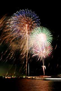 Foto, materiell, befreit, Landschaft, Bild, hat Foto auf Lager,Tokyo Bucht groartiges Feuerwerk, Feuerwerk, Nacht, Abschuss, Ein-Fufeuerwerkball