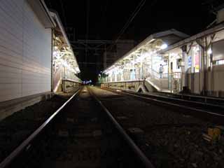 Foto, materieel, vrij, landschap, schilderstuk, bevoorraden foto,Een avond station, Spoorweg, Parcours, Platform, 