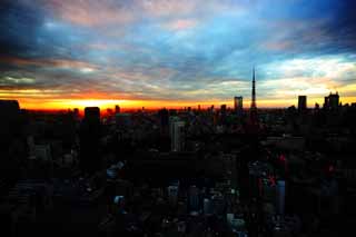 Foto, materiell, befreit, Landschaft, Bild, hat Foto auf Lager,Tokyo-Sonnenuntergang, Gebude, Das Stadtzentrumsgebiet, Tokyo-Turm, Toranomon