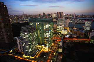 Foto, materieel, vrij, landschap, schilderstuk, bevoorraden foto,Tokio avond uitzicht, Gebouw, De benedenstad wijk, Een oude zode imperiale landhuis koninklijke schenking tuin, Toyosu