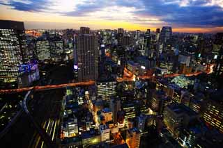fotografia, material, livra, ajardine, imagine, proveja fotografia,Tquio viso noturna, construindo, A rea de centro da cidade, Tamachi, pr-do-sol