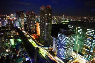 fotografia, material, livra, ajardine, imagine, proveja fotografia,Tquio viso noturna, construindo, A rea de centro da cidade, Shiodome, A via expressa Metropolitana