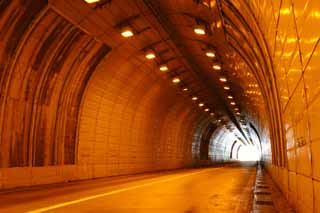 fotografia, materiale, libero il panorama, dipinga, fotografia di scorta,Colore di arancia di un tunnel, tunnel, lampada di sodio, arancia, uscita