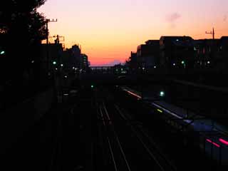 Foto, materiell, befreit, Landschaft, Bild, hat Foto auf Lager,Fuji und die Shinkansen bei Dmmerung, , , , 