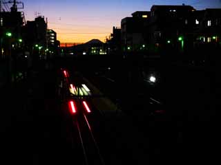 Foto, materieel, vrij, landschap, schilderstuk, bevoorraden foto,Fuji en het treinstation., , , , 