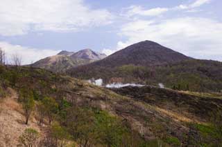 Foto, materiell, befreit, Landschaft, Bild, hat Foto auf Lager,Die Nachbarschaft von Mt. Usu-zan-Krater, Ausbruch, Rauch, abgefallener Baum, Magma