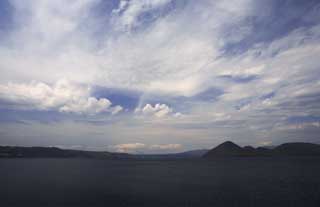 Foto, materiell, befreit, Landschaft, Bild, hat Foto auf Lager,See Toya-ko und Mt. Sauerklee, See Toya-ko, See, Wolke, blauer Himmel