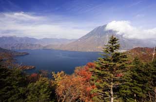 Foto, materiell, befreit, Landschaft, Bild, hat Foto auf Lager,Sonnenlicht See Chuzenji-ko und Mt. mnnliche Figur, See, Ahorn, blauer Himmel, Berg