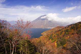 fotografia, materiale, libero il panorama, dipinga, fotografia di scorta,Lago di luce del sole Chuzenji-ko e Mt. figura maschia, lago, Acero, cielo blu, montagna