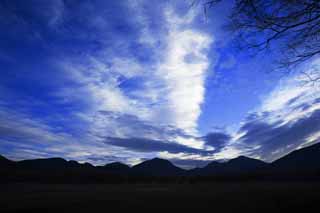 fotografia, materiale, libero il panorama, dipinga, fotografia di scorta,Mattina in Odashirogahara, cielo blu, nube, ridgeline, Sagoma
