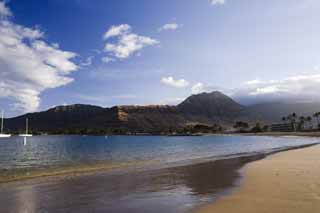 Foto, materiell, befreit, Landschaft, Bild, hat Foto auf Lager,Hafenstrand des Morgens, sandiger Strand, Kajak, Berg, Strand