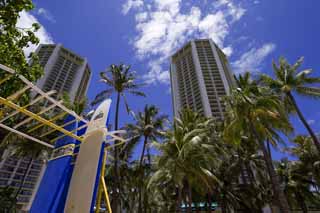 Foto, materieel, vrij, landschap, schilderstuk, bevoorraden foto,Waikiki hotel, Strand, Surfboard, Blauwe lucht, Gebouw