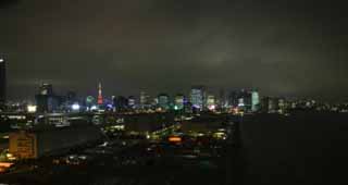 fotografia, materiale, libero il panorama, dipinga, fotografia di scorta,Baia di Tokio vista serale, costruendo, Torre di Tokio, banchina, Baia di Tokio