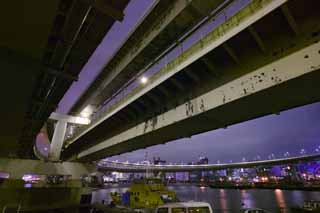 Foto, materieel, vrij, landschap, schilderstuk, bevoorraden foto,De avond van een lus brug, De kustlijn, Brug, Straatlantaarn, Schip