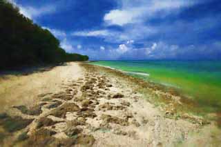 illust, matire, libre, paysage, image, le tableau, crayon de la couleur, colorie, en tirant,Une plage de sable d'une toile, nuage, plage, ciel bleu, Vert meraude