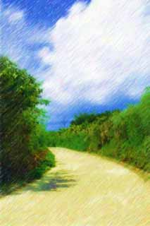 illust, matire, libre, paysage, image, le tableau, crayon de la couleur, colorie, en tirant,Un chemin d'un pays du sud, Asphalte, Lumire du soleil, Je suis vert, nuage