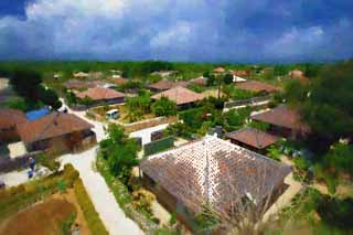 illustration,material,free,landscape,picture,painting,color pencil,crayon,drawing,Taketomi-jima Island town area, roof, Okinawa, tile, cloud