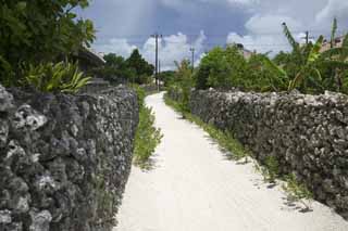 Foto, materiell, befreit, Landschaft, Bild, hat Foto auf Lager,Ein Weg von Ishigaki umgibt mit einer Mauer, Drngen-Steine, Sandstange, sdliches Land, Okinawa