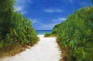 illust, material, livram, paisagem, quadro, pintura, lpis de cor, creiom, puxando,Um modo para uma praia, barra de areia, praia, cu azul, 