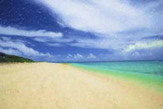 illust, materiell, befreit, Landschaft, Bild, Gemlde, Farbbleistift, Wachsmalstift, Zeichnung,,Ein sdlicher Landstrand, sandiger Strand, blauer Himmel, Strand, Wolke