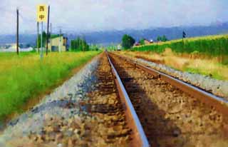 illustration,material,free,landscape,picture,painting,color pencil,crayon,drawing,Disappearance point of a track, track, railroad, railroad tie, Gravel