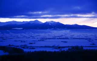 photo,material,free,landscape,picture,stock photo,Creative Commons,The daybreak of Furano, snowy field, mountain, tree, field