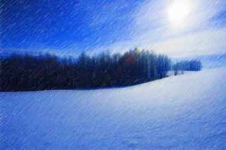 illust, matire, libre, paysage, image, le tableau, crayon de la couleur, colorie, en tirant,Un champ neigeux, ciel bleu, C'est neigeux, champ neigeux, Le soleil
