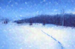 illust, material, livram, paisagem, quadro, pintura, lpis de cor, creiom, puxando,Para o outro lado de um campo nevado, cu azul, pegada, campo nevado, Est nevado