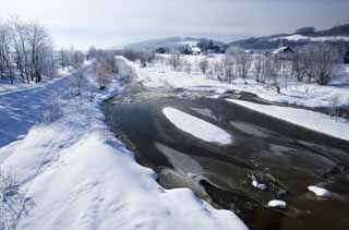 Foto, materieel, vrij, landschap, schilderstuk, bevoorraden foto,De rivier hetgeen kan worden gediepvroren, Rivier, Water, Besneeuwd veld, Het is besneeuwd